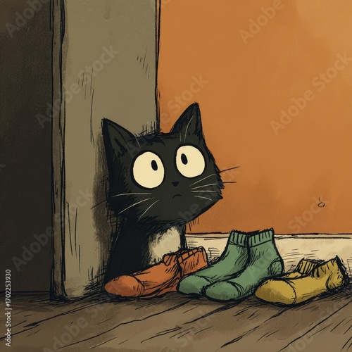 Curious black cat peeking around a doorway at a pair of discarded socks and shoes