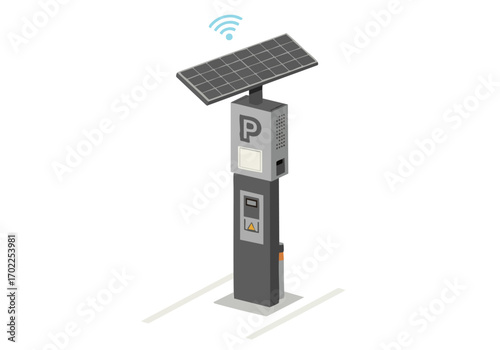 Modern parking kiosk with solar panels and digital display. Clean, minimalist design. Ideal for urban infrastructure and smart city concepts.