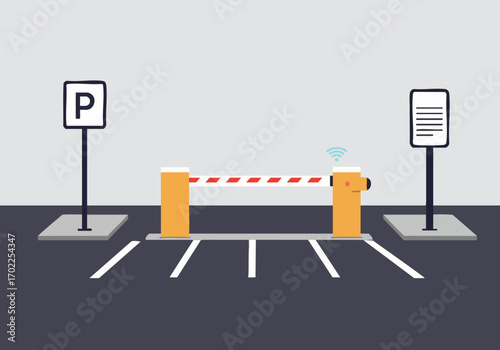 A modern parking lot scene featuring a backup gate with clear signage. Clean lines and a flat design style create a professional and easily recognizable illustration.