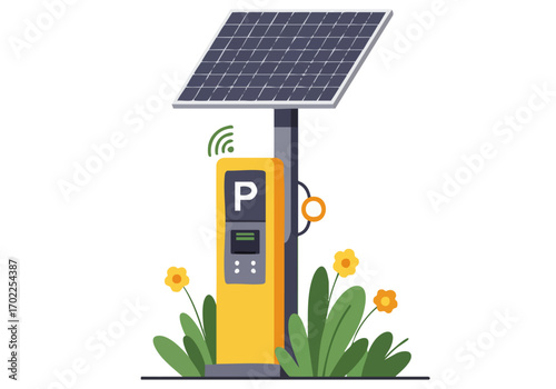 A modern parking meter integrates solar panels with a green setting. It features a digital display and a payment slot, surrounded by flowers. Clean, bright, and sustainable design.