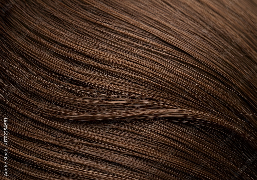 Fototapeta premium Close-up of Brown Hair Texture, Detailed Hair Strands, Healthy and Shiny Appearance, Beautiful Brown Hair, Hairstyling Concept.