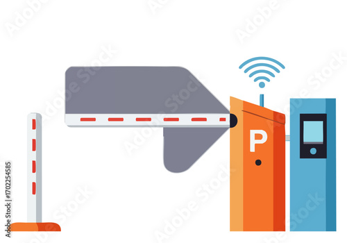 Modern smart access point illustration. A sleek barrier gate with wireless connectivity controls a digital kiosk. Clean, flat design for commercial use.