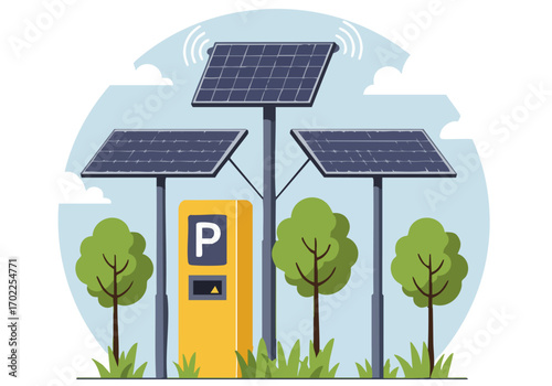 modern smart green park features solar panels powering a parking structure Lush greenery and a clean design create a sustainable and visually appealing scene