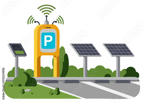 A modern solar-powered parking garage with digital displays. Clean lines, bright colors, and wireless signals showcase sustainable infrastructure. Ideal for tech, energy, and urban concepts.