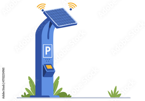 A modern solar-powered parking station with a payment kiosk. Clean, bright illustration showcasing sustainable technology. Ideal for urban planning and renewable energy concepts.