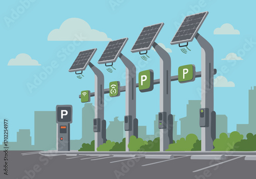 Modern solar-powered parking lot with charging stations. Clean design, urban backdrop, sustainable technology. Ideal for business and environmental concepts.