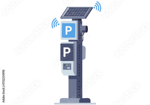 A modern, solar-powered parking station with integrated technology. Clean lines, blue and gray color scheme, and wireless signals. Ideal for tech, sustainability, and urban design visuals.