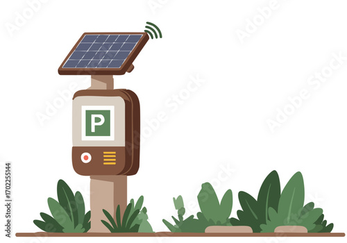 A modern, sustainable parking lot kiosk powered by solar panels. Clean design, green foliage, and a focus on eco-friendly technology. Ideal for urban or commercial settings.