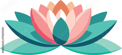 Beautiful vector illustration of a pink lotus flower with a leaf isolated on a white background, perfect for a logo or yoga design