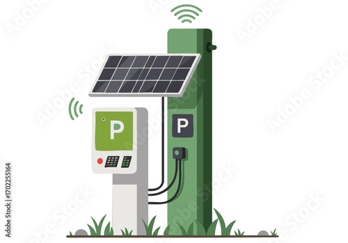 A modern, sustainable parking lot charging station powered by solar panels. Clean design, green accents, and a focus on eco-friendly technology. Ideal for business and environmental themes.