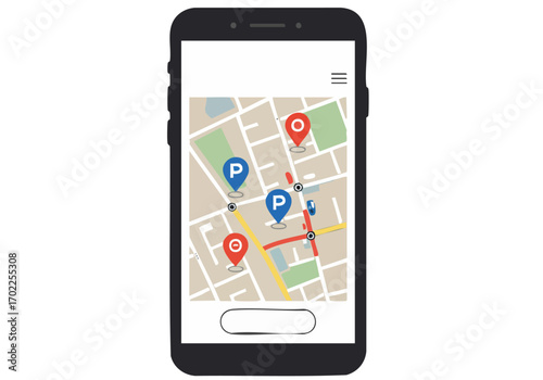 Smartphone displays a map showing parking locations. A clean, modern UI highlights Smart Park features with pinpoint markers. Ideal for tech, urban, and parking apps.