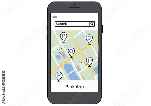 Smartphone displays a park app map with parking locations. Clean, modern UI. Ideal for mobile app design and technology visuals.
