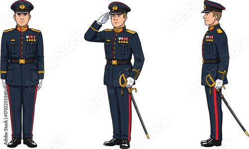 Cartoon military officer in formal dress uniform with medals and sword, shown in front, salute, and side poses.