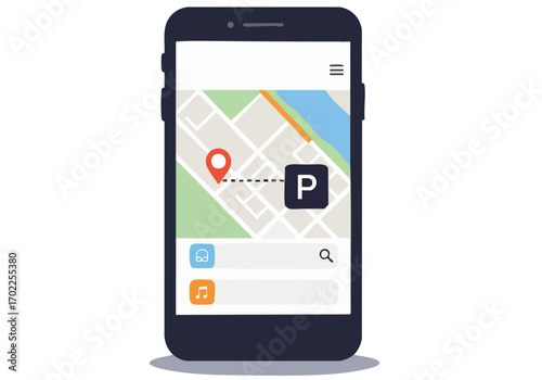Smartphone displays a parking app map with real-time location. Clean, modern design. Ideal for tech, navigation, and urban lifestyle visuals.