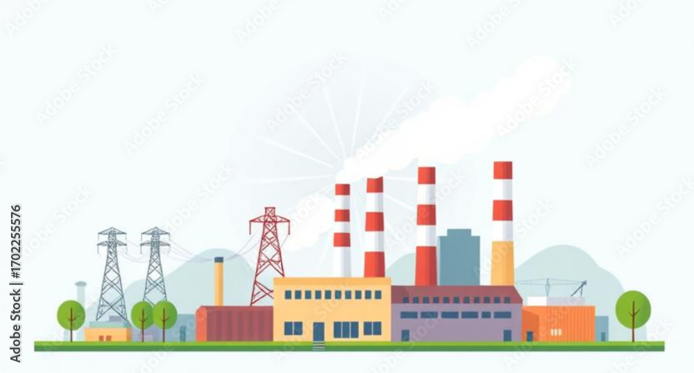 Naklejka premium smoke from chimneys, factory with smoke, cartoon factory, cartoon industry, factory landscape, cartoon smoke clouds, industrial smoke, smoke pollution cartoon, environment cartoon, factory silhouette 