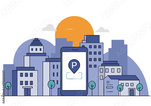 A stylized smartphone displays a backup app icon against a modern cityscape backdrop. Clean, graphic design, suitable for tech and business visuals.