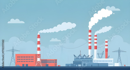 cartoon industry, factory landscape, cartoon smoke clouds, industrial smoke, smoke pollution cartoon, environment cartoon, factory silhouette cartoon, smoke in air cartoon, cartoon power plant, cartoo
