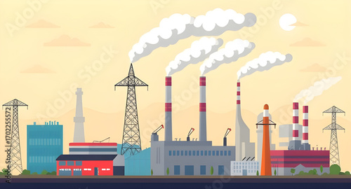 cartoon factory, cartoon industry, factory landscape, cartoon smoke clouds, industrial smoke, smoke pollution cartoon, environment cartoon, factory silhouette cartoon, smoke in air cartoon, cartoon po