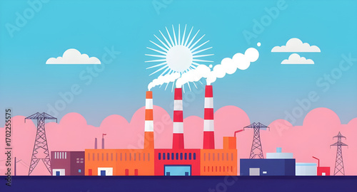 factory with smoke, cartoon factory, cartoon industry, factory landscape, cartoon smoke clouds, industrial smoke, smoke pollution cartoon, environment cartoon, factory silhouette cartoon, smoke in air