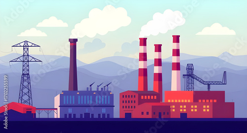 cartoon pollution, smoke from chimneys, factory with smoke, cartoon factory, cartoon industry, factory landscape, cartoon smoke clouds, industrial smoke, smoke pollution cartoon, environment cartoon, 