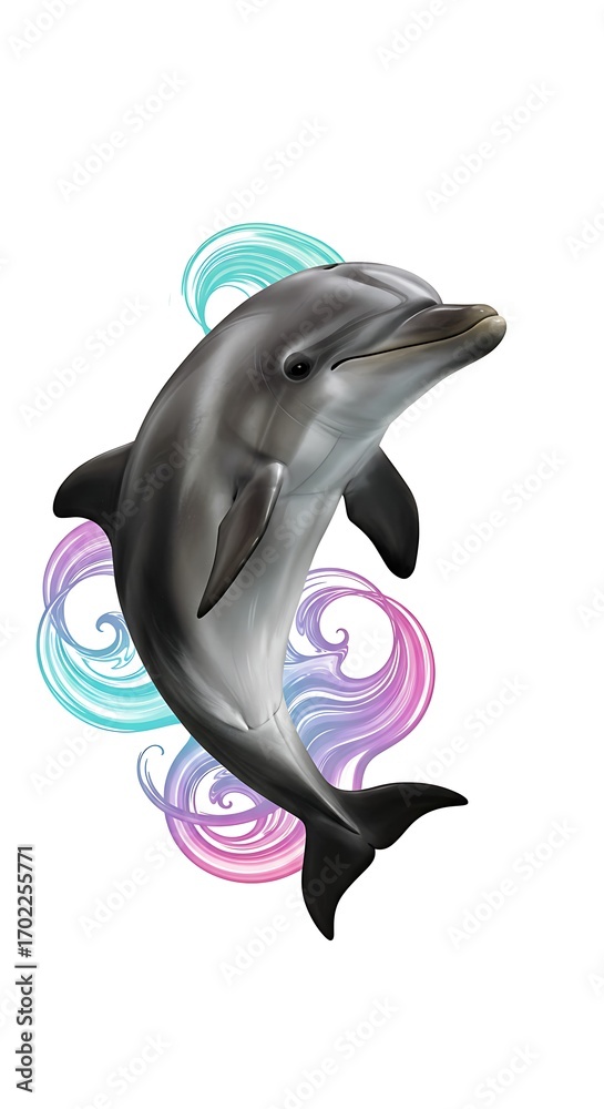 Fototapeta premium Playful Dolphin's Dive: A captivating illustration presents a vibrant dolphin leaping gracefully, its form accentuated by dynamic, colorful water swirls, evoking joy and marine life.