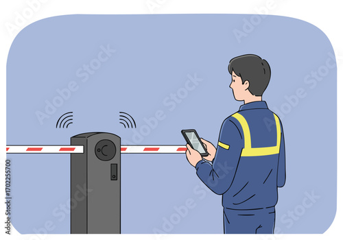 A technician remotely controls an overhead gate using a smartphone. Clear, modern illustration depicting security and automation. Professional, clean design.