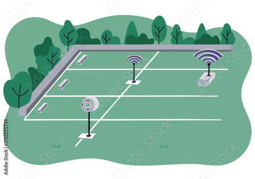 vibrant smart sensor grid monitors a green outdoor area with wireless sensors This modern illustration showcases environmental monitoring technology