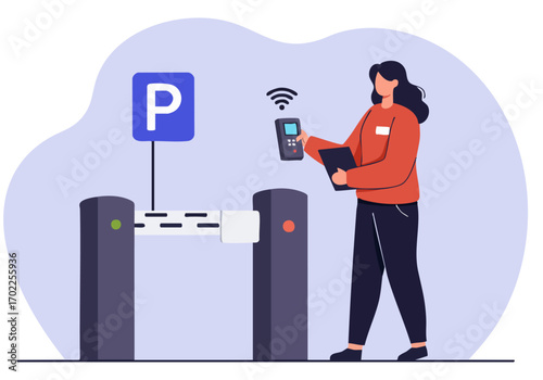 A woman uses an RFID reader to access parking. Modern illustration, clean design, focused on convenience and technology. Suitable for parking management and digital solutions.