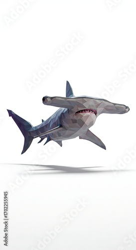 Hammerhead Shark in Flight: A stunning polygonal artwork captures the graceful glide of a hammerhead shark against a clear backdrop, showcasing the beauty and intricacy of marine life.