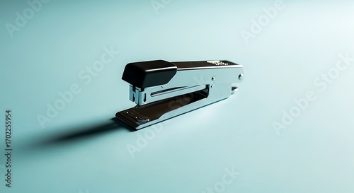 Sleek chrome stapler, indispensable office tool, isolated on cool backdrop