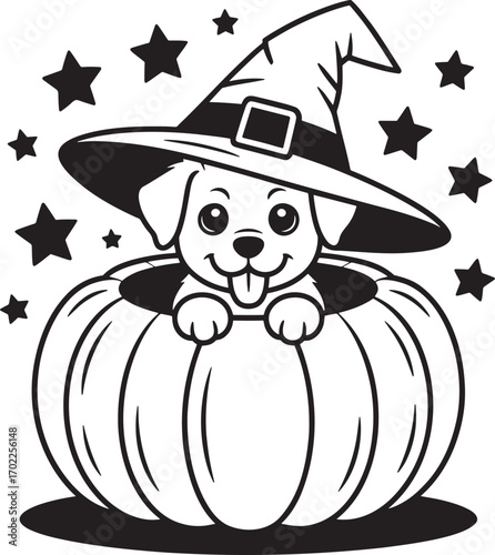 Adorable Halloween coloring page of a puppy in a pumpkin wearing a cute witch hat