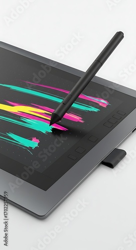 Digital Design Tool: A high-angle perspective on a sleek digital drawing tablet with a precision stylus, showcasing vibrant brushstrokes and a modern aesthetic for creatives.