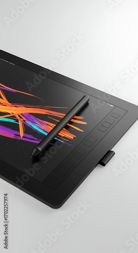 Digital Art Tablet: A high-angle, close-up shot highlights a sleek, black digital art tablet with a stylus pen resting on its surface, set against a backdrop of abstract lines.