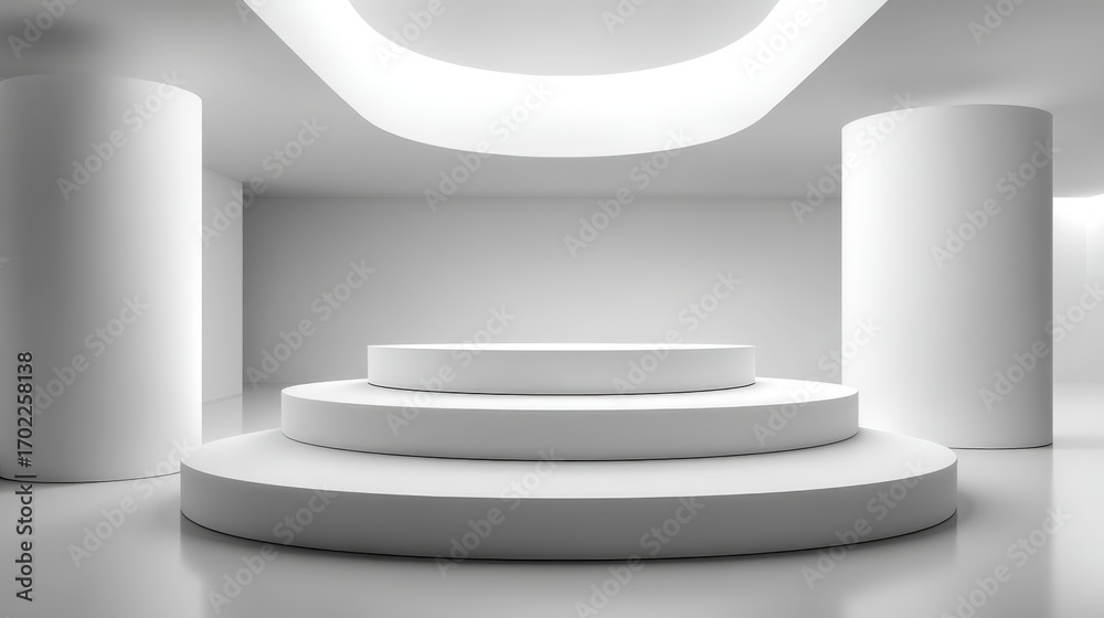 Fototapeta premium Minimalist White Podium for Product Display in a Bright, Modern Architectural Space with Cylindrical Columns