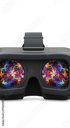 VR Headset: An up-close shot showcases a Virtual Reality headset projecting a vibrant and intricate display, hinting at the immersive world of virtual experiences. 