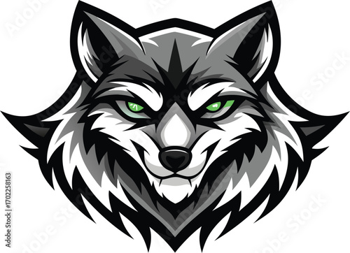 Black and white wolf head tattoo vector illustration featuring a fierce animal face in a tribal silhouette style