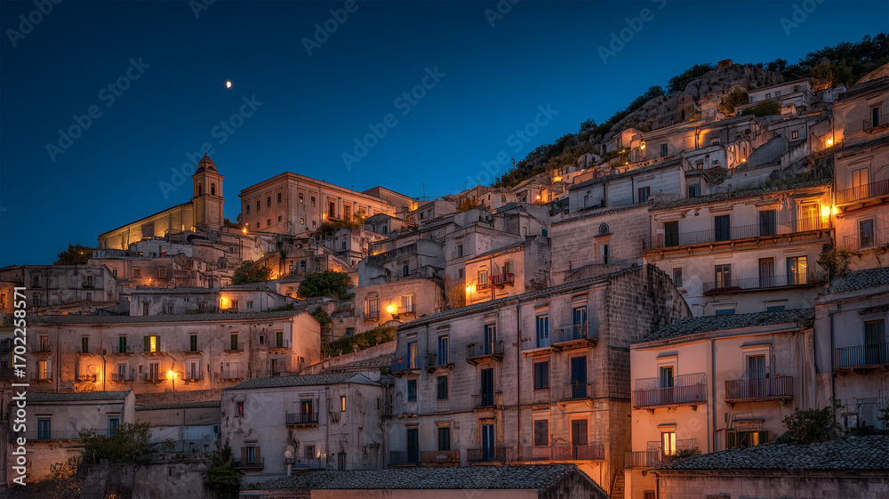 Obraz premium 初冬の丘の村に灯る静かな家々の夜景の風景