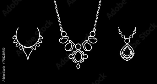 jewelry design illustration, pendant necklace drawing, gold necklace sketch, diamond necklace design, pearl necklace art, traditional necklace drawing, modern necklace sketch, bridal necklace design, 
