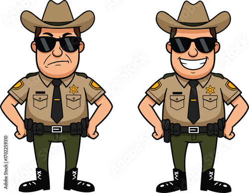Cartoon sheriff characters with cowboy hats and sunglasses, one serious and one smiling, standing confidently with hands on hips.