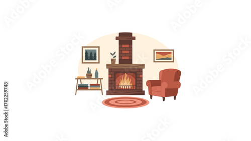 Cozy Living Room Interior Illustration with Fireplace, Armchair, and Bookshelf, depicting warmth and comfort in a Scandinavian-inspired space for relaxation and quiet moments.