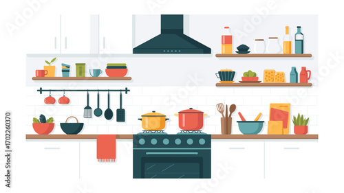 Cartoon Kitchen Interior Illustration with Stove, Cookware, and Utensils on Shelves Against a White Tiled Wall: Cozy, Modern Kitchen Design
