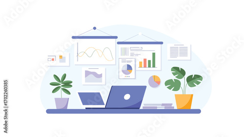 Modern Workplace Illustration: Laptop, Charts, and Plants - Productivity and Business Success Visualization, Home office setup, Remote work lifestyle depiction.
