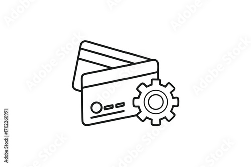 Outlined Credit Cards with Gear Icon on White Background Stock