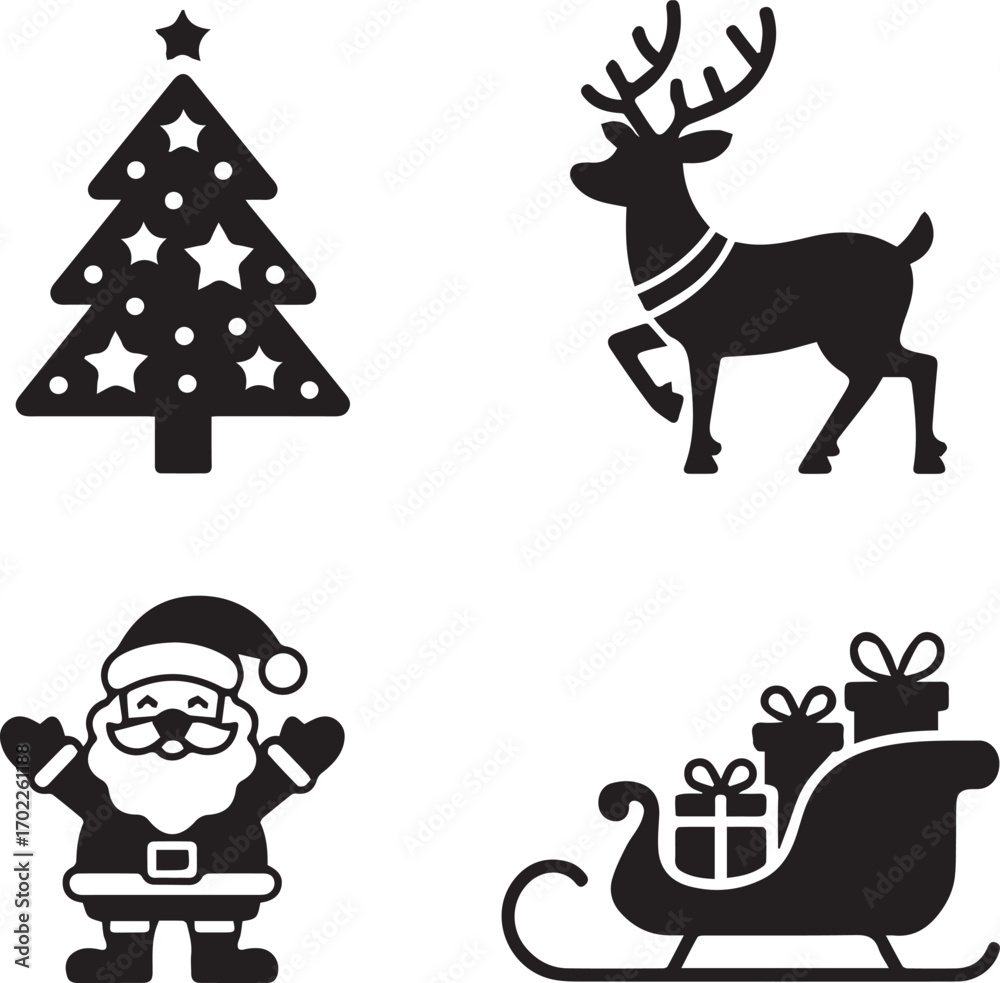 Naklejka premium Festive christmas icons set featuring santa claus reindeer sleigh and decorated tree