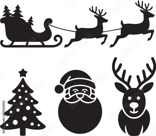 Classic christmas silhouette icons santa sleigh reindeer and decorated tree festive holiday elements