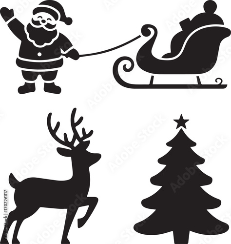 Christmas silhouette set santa claus sleigh reindeer and decorated tree festive holiday icons