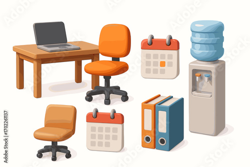 Office furniture and supplies with laptop, chairs, calendars, water cooler, and binders