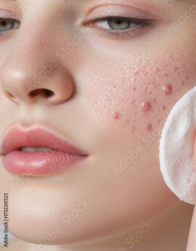Close-up of a girl's face with acne and pimples on her skin.