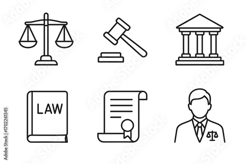 Legal icon set: scales, gavel, courthouse, law book, legal document, lawyer