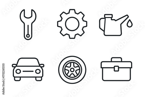 Set of automotive icons: wrench, gear, oil can, car, wheel, toolbox